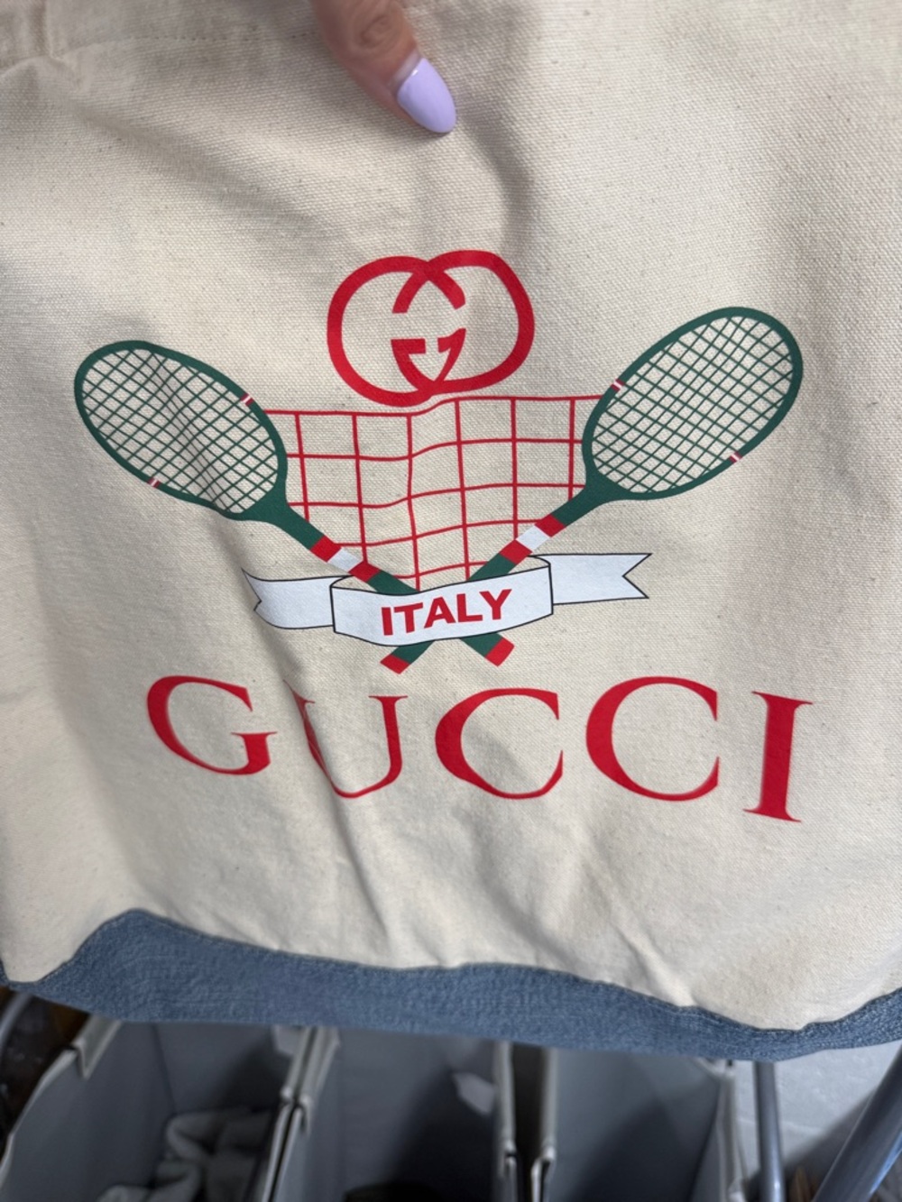 Gucci Upcycled Canvas Tote Red Straps Green Tennis Graphic - Denim Pockets - Picture 3 of 7